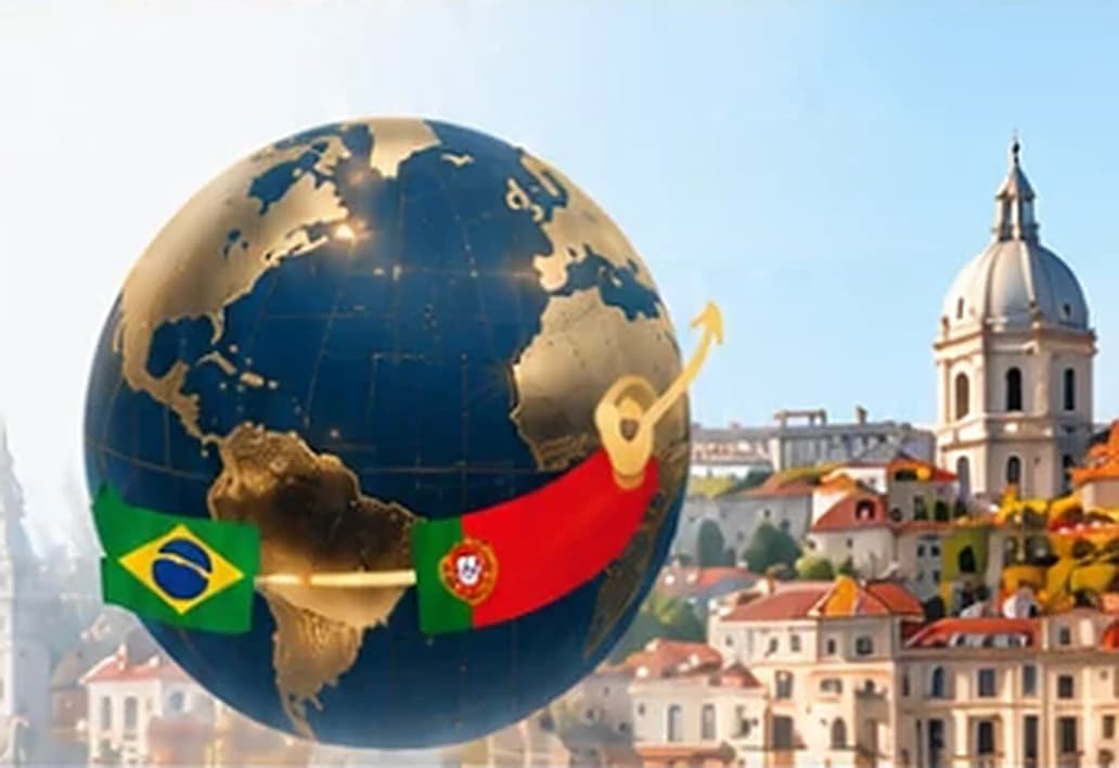 Globo conectando Brasil e Portugal com arquitetura portuguesa ao fundo
